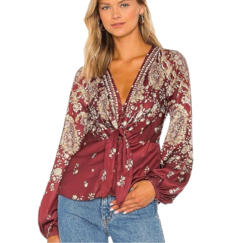 Free People Run Free Plunging V-Neck Blouse Long Sleeve Tie Front Red Women's L